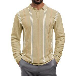 Men's Knit Polo Sweater Long Sleeve Striped Thermal Button Collar Sweater Khaki